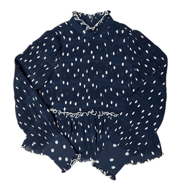 GANNI Pleated Georgette Blouse In Navy Polka Dot Size 34 - Picture 3 of 7
